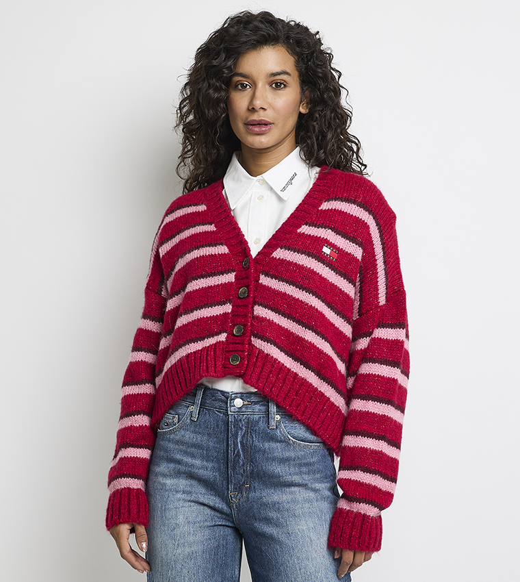 Buy Tommy Jeans Badge Detail Striped V Neck Cardigan In Red - Main Image