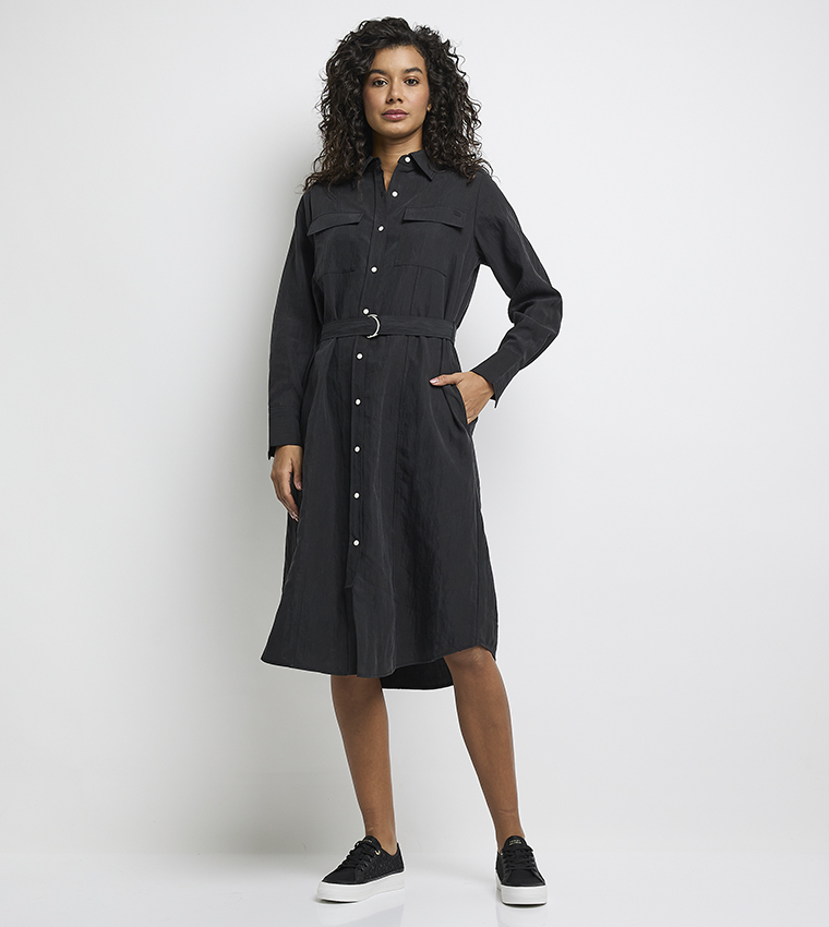 Buy Tommy Hilfiger Belted Long Sleeves Midi Shirt Dress In Black
