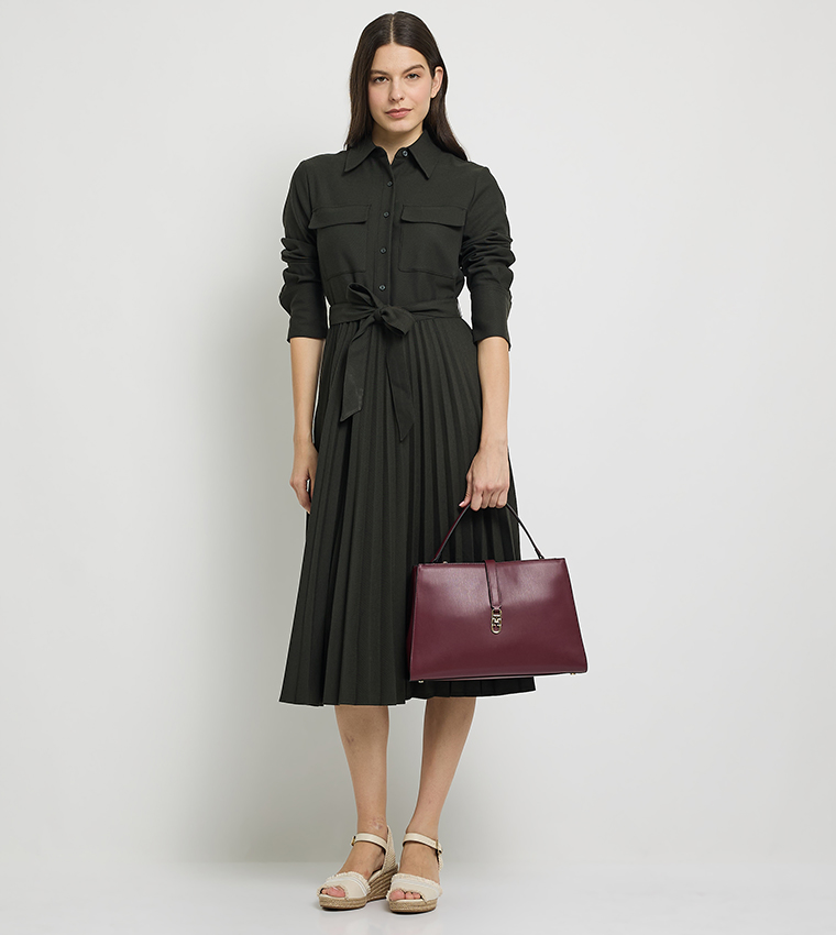 Solid Belted Pleated Shirt Dress