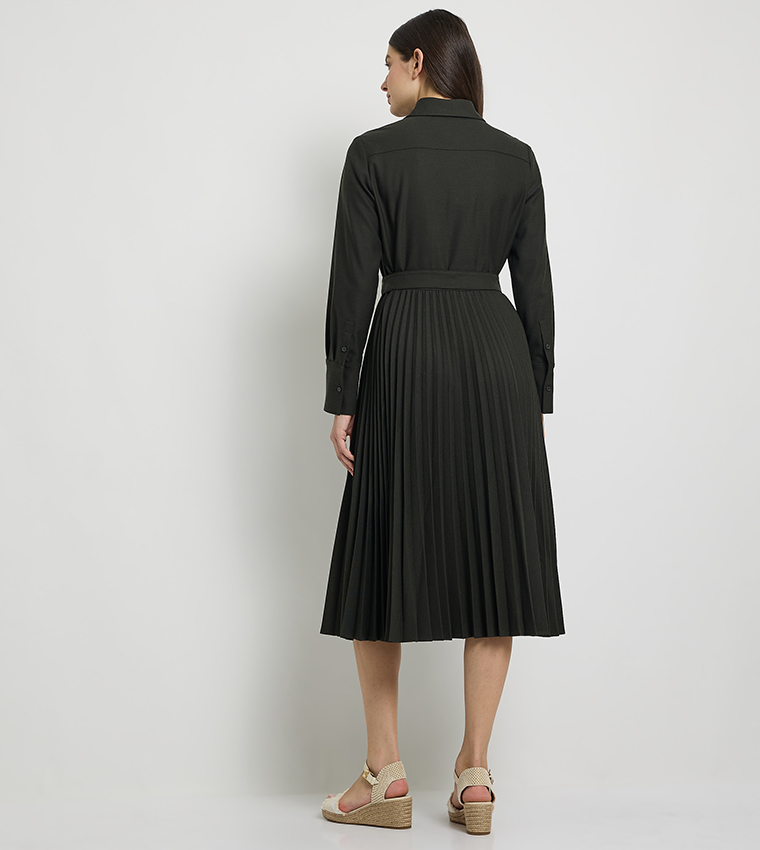 Solid Belted Pleated Shirt Dress