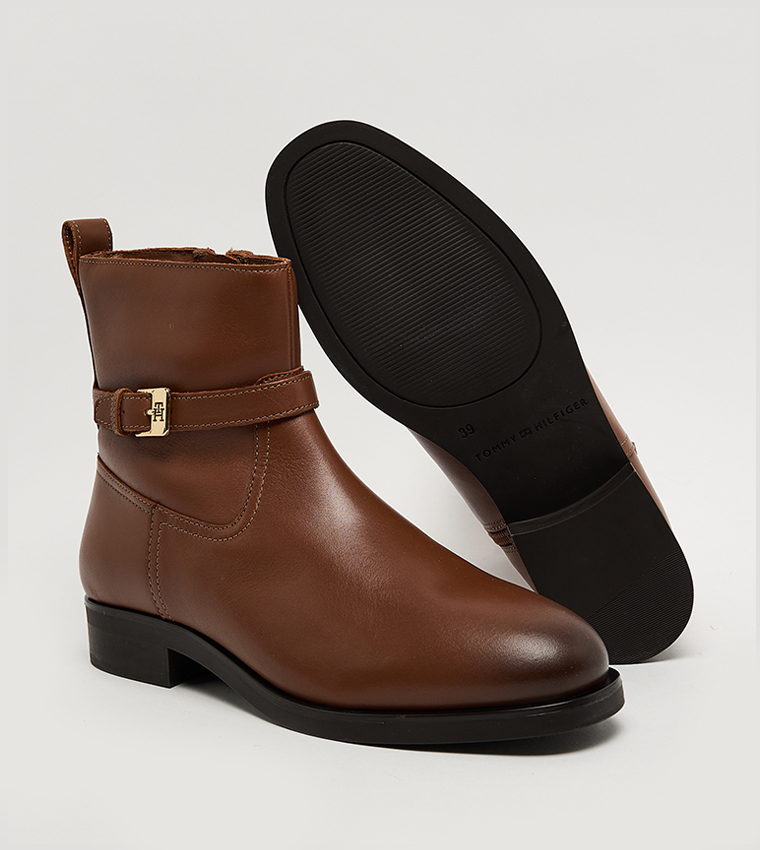 Buckle Detail Leather Riding Boots