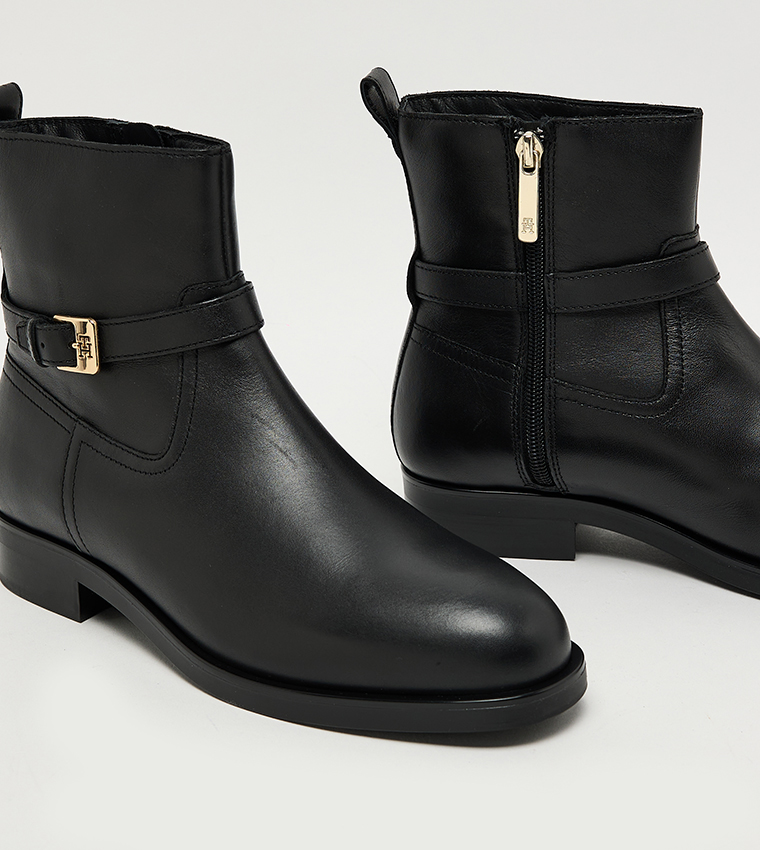 Buckle Detail Leather Riding Boots