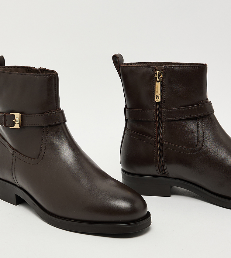 Buckle Detail Leather Riding Boots