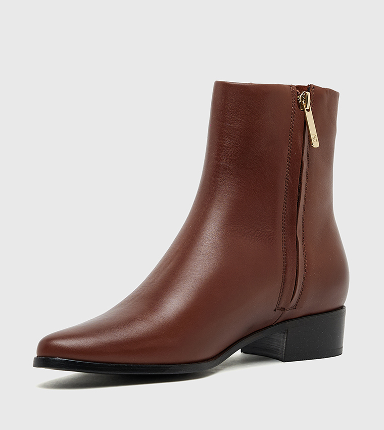 Low Block Heel Leather Ankle Boots