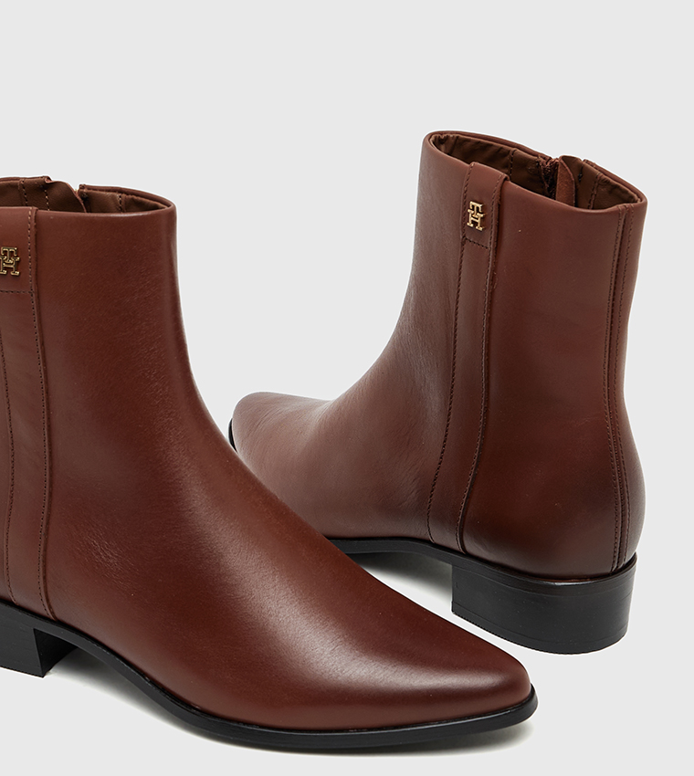 Low Block Heel Leather Ankle Boots