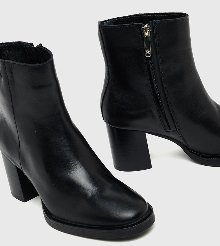 Block Heel Leather Ankle Boots