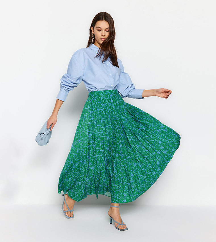Floral Printed Pleated Knitted Skirt
