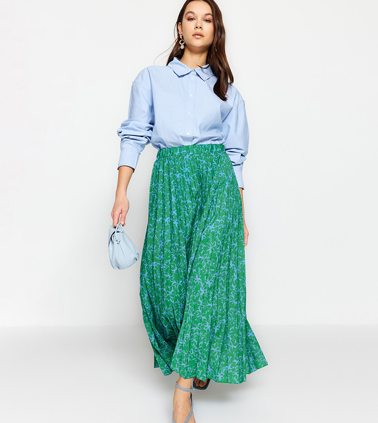 Floral Printed Pleated Knitted Skirt