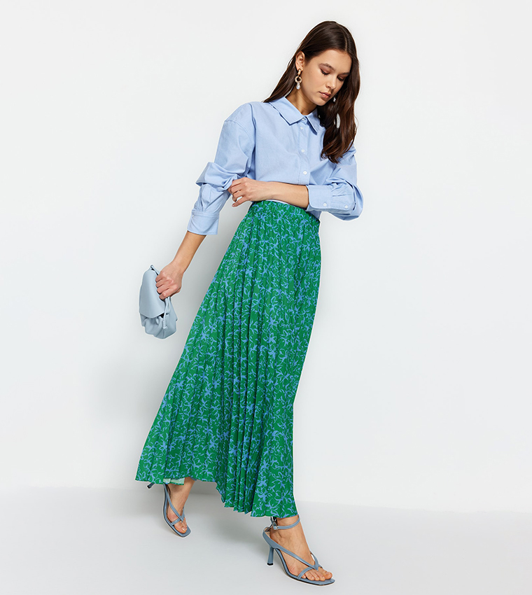 Floral Printed Pleated Knitted Skirt