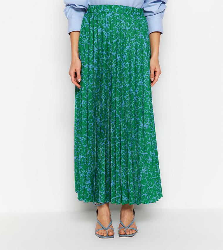 Floral Printed Pleated Knitted Skirt