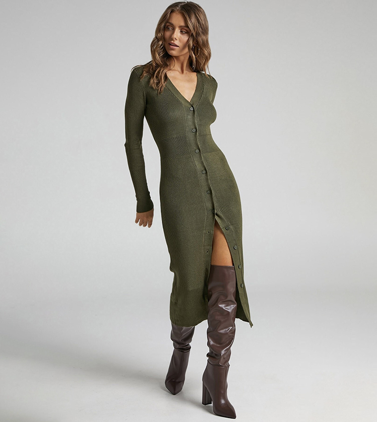 ribbed button front bodycon dress Buy Madmext Ribbed Button Front Bodycon Dress In Khaki