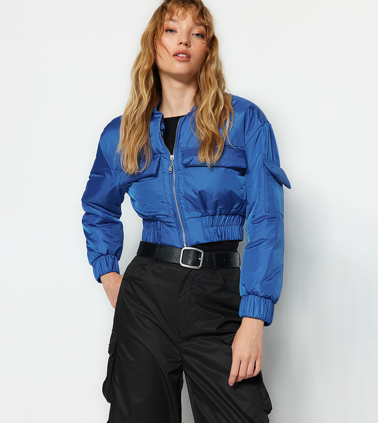 Royal blue cropped puffer jacket top