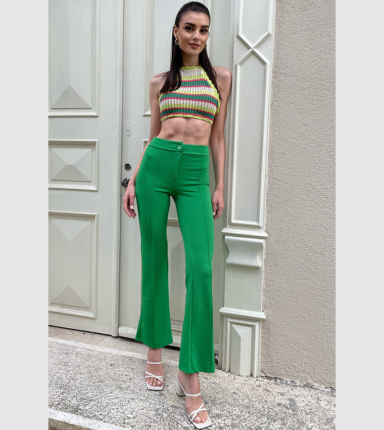 Buy Trend Ala at Stili Solid High Waist Lycra Trousers In Green