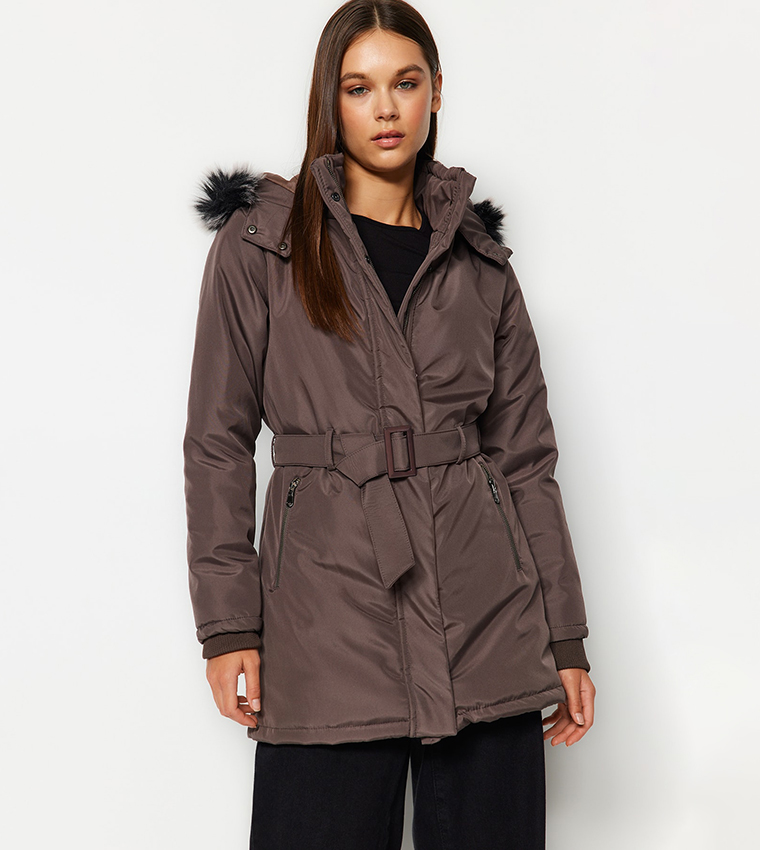 Buy Trendyol Fur Hooded Belted Parka Jacket In Mink 6thStreet Kuwait