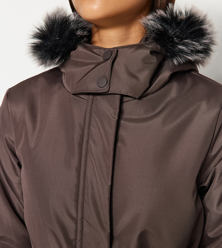 Buy Trendyol Fur Hooded Belted Parka Jacket In Mink 6thStreet Saudi