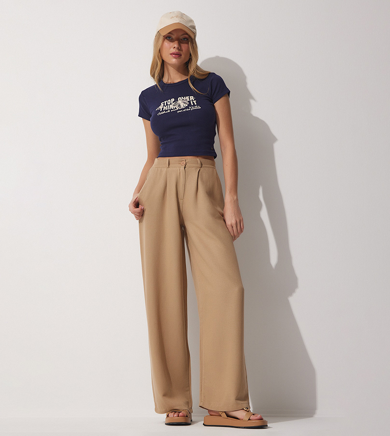 Buy Happiness İstanbul Solid Wide Leg Trousers In Camel