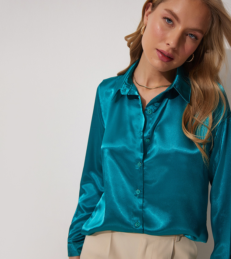 Buy Happiness stanbul Solid Long Sleeves Satin Shirt In Blue