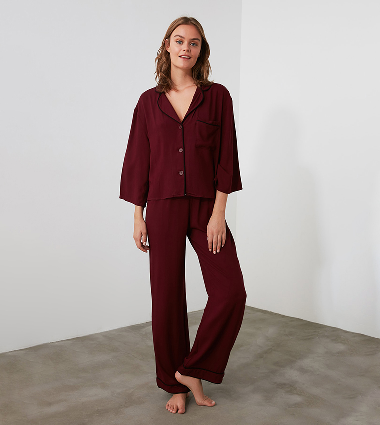 Buy Trendyol Tie Woven Night Suit In Burgundy 6thStreet Bahrain