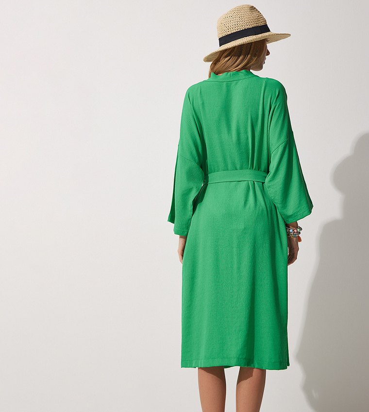 Buy Happiness stanbul Waist Belt Long Sleeves Crinkle Kimono In Green |  6thstreet Qatar