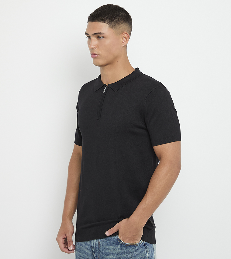 Solid Zipper Neck Polo T-Shirt