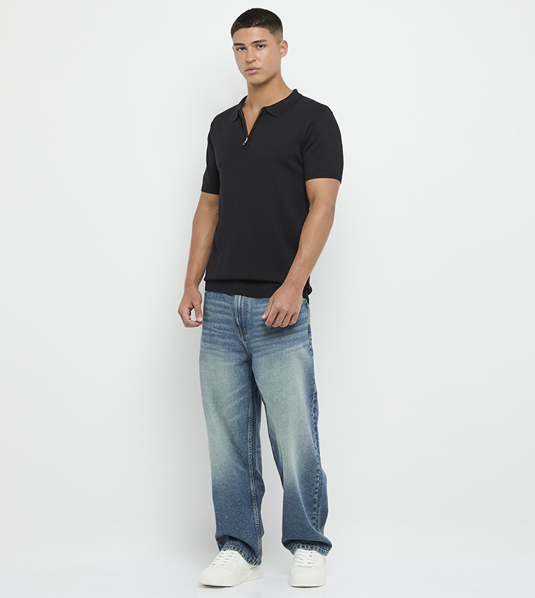 Solid Zipper Neck Polo T-Shirt