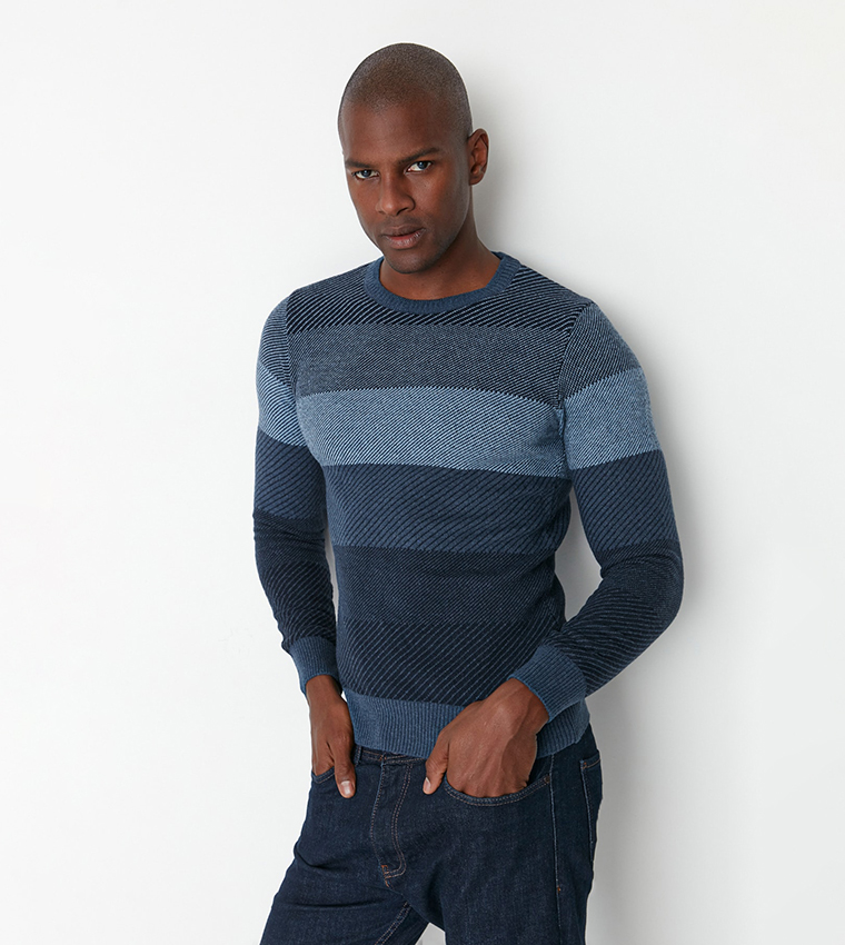 Buy Trendyol Slim Fit Crew Neck Color Block Sweater In Indigo 6thStreet Bahrain