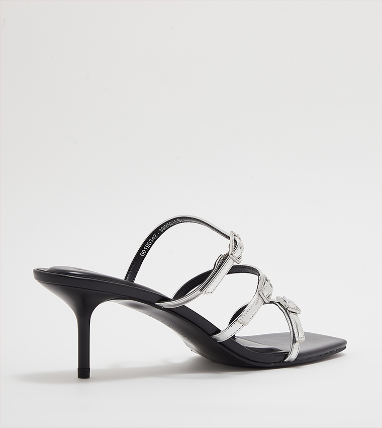 Metallic Crystal-Buckle Heel Sandals