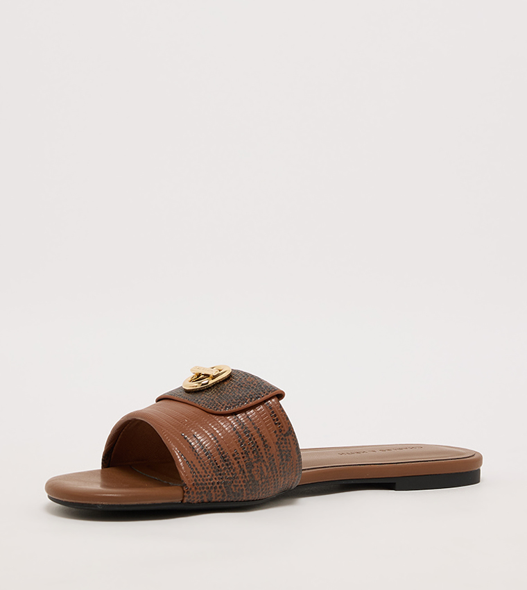 Textured Logo Metal Flat Sandals