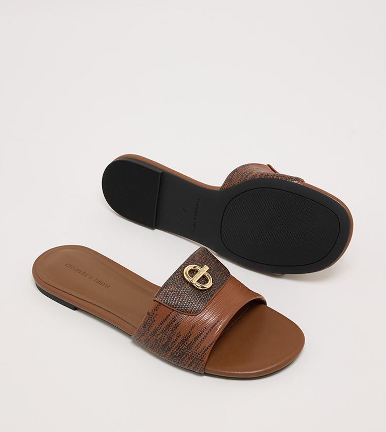 Textured Logo Metal Flat Sandals