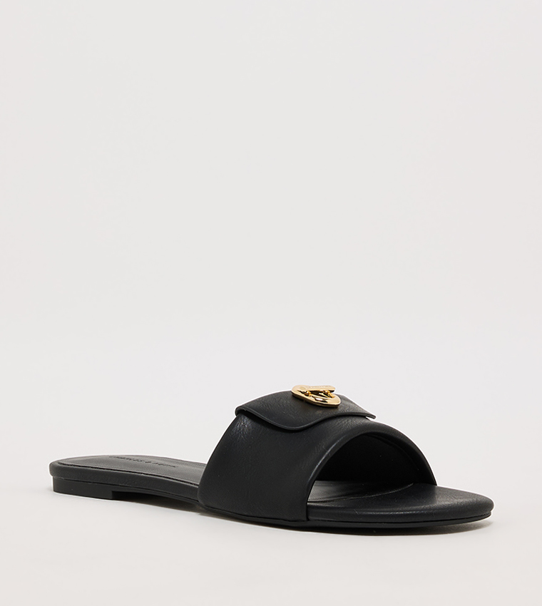 Textured Logo Metal Flat Sandals