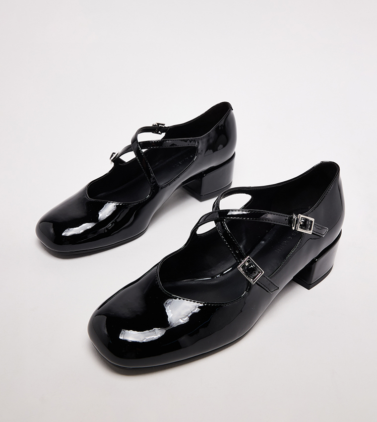 Glossy Crossover-Strap Mary Janes Shoes