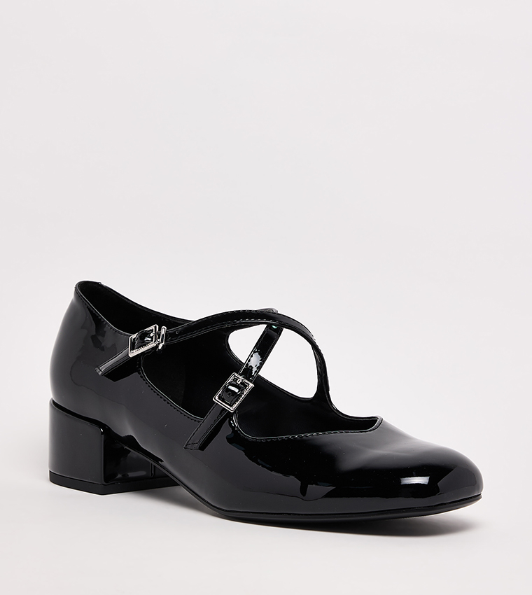 Patent Crossover Strap Block Heel Mary Janes