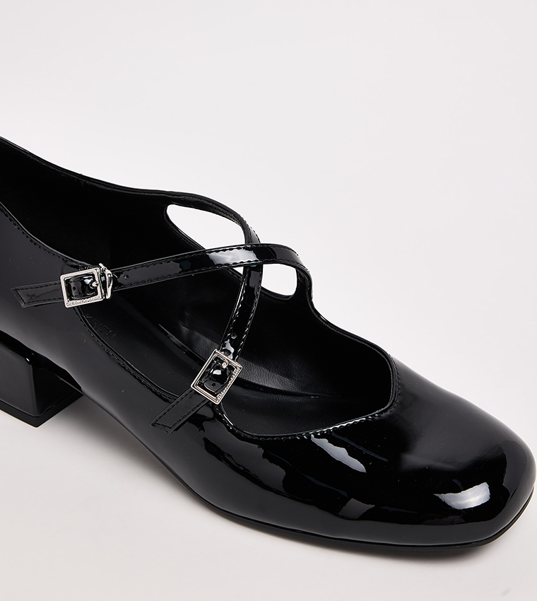 Patent Crossover Strap Block Heel Mary Janes