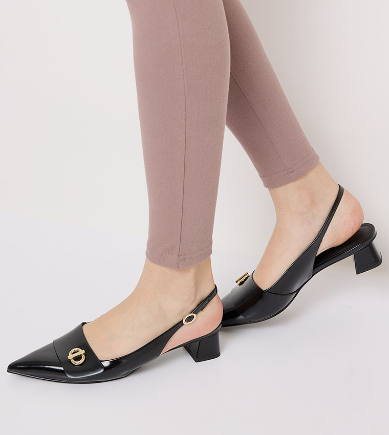 Metal Accent Pointed-Toe Slingback Pumps