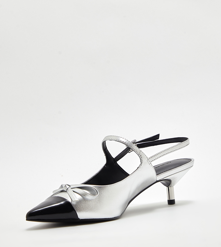 Metallic Bow Cap Toe Kitten Heel Slingback Pumps