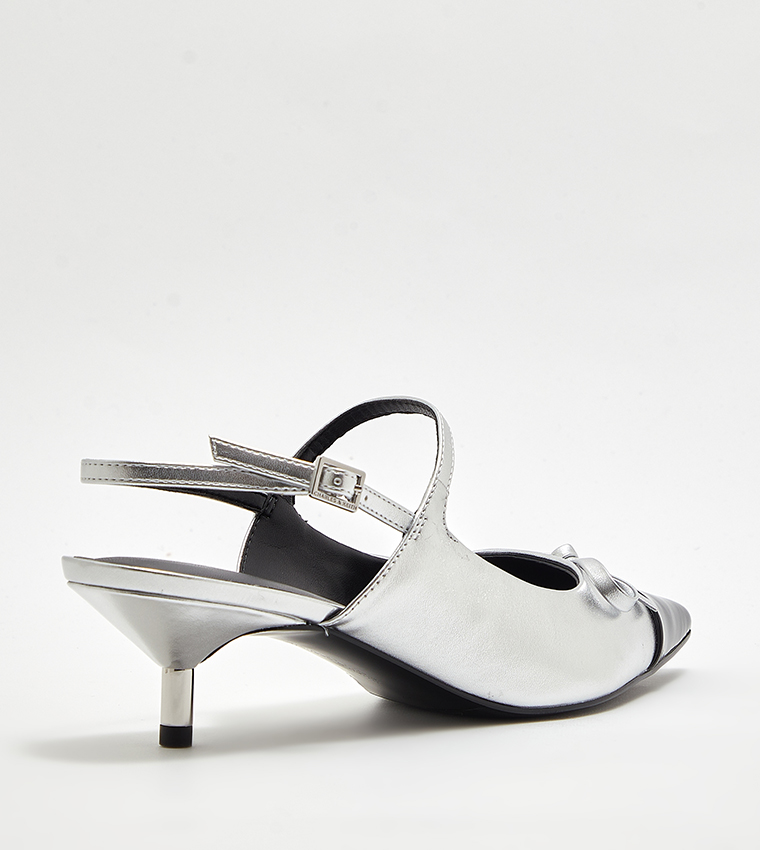 Metallic Bow Cap Toe Kitten Heel Slingback Pumps