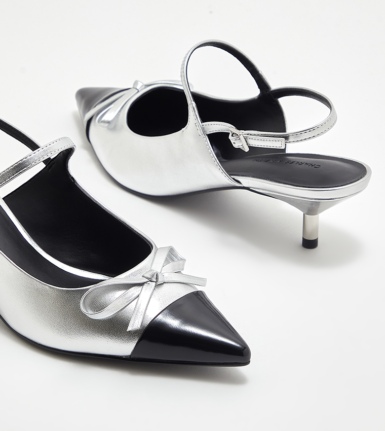 Metallic Bow Cap Toe Kitten Heel Slingback Pumps