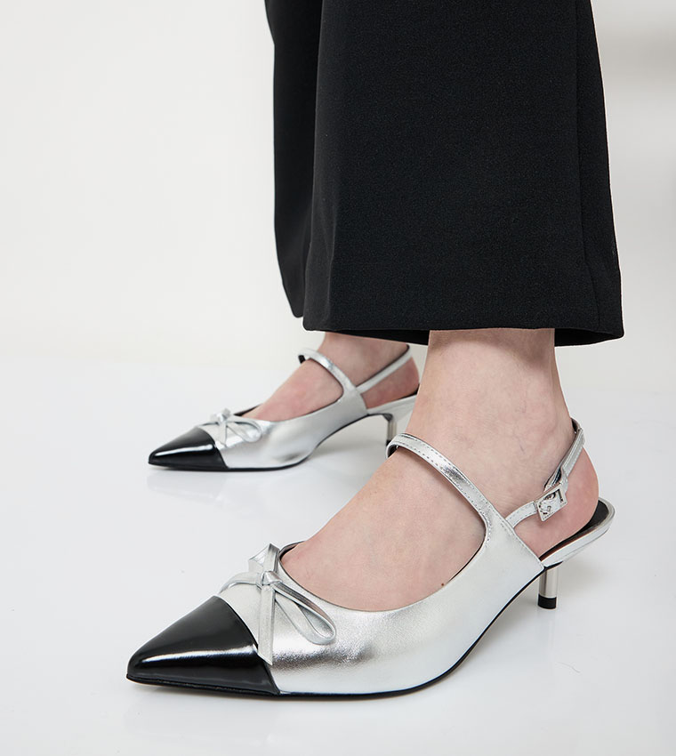 Metallic Bow Cap Toe Kitten Heel Slingback Pumps