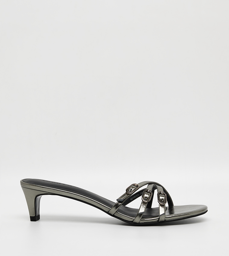 Metallic Buckled Strappy Kitten-Heel Sandals