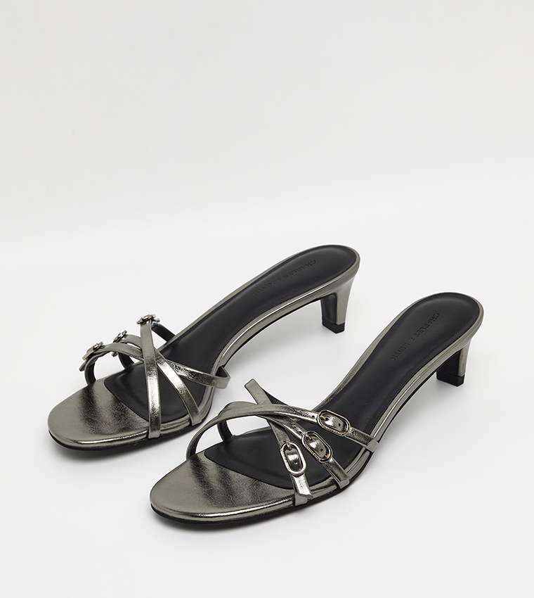 Metallic Buckled Strappy Kitten-Heel Sandals