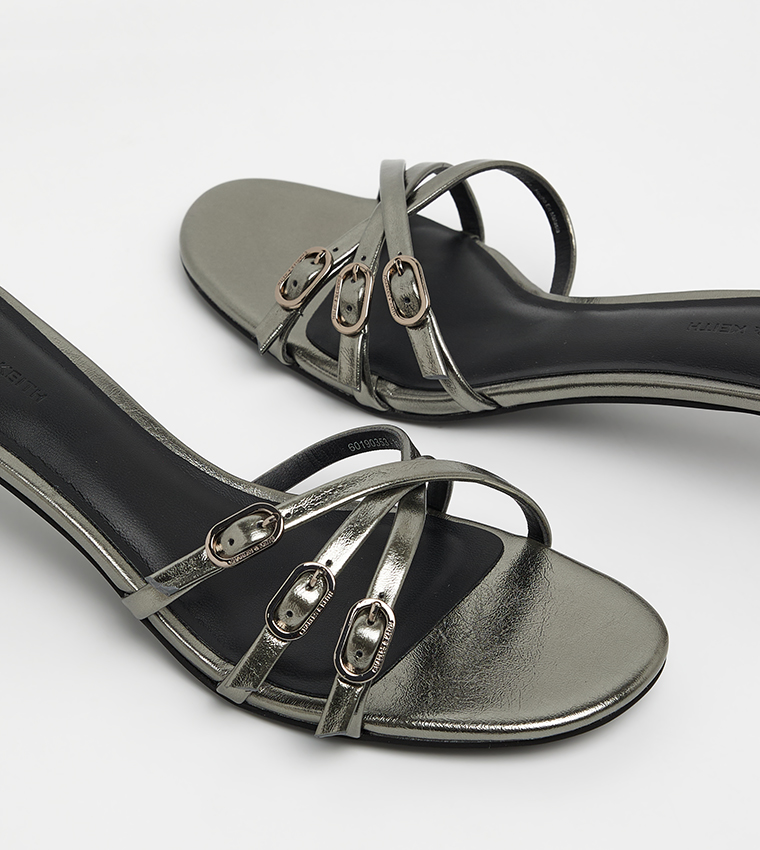 Metallic Buckled Strappy Kitten-Heel Sandals