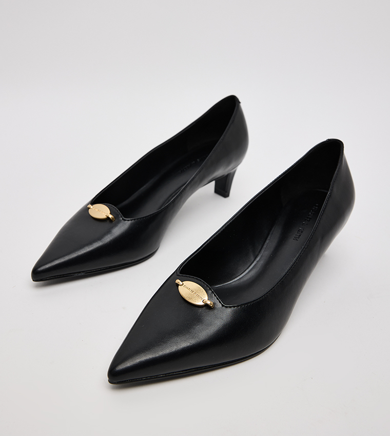 Metallic Accent Pointed Toe Blade Heel Pumps