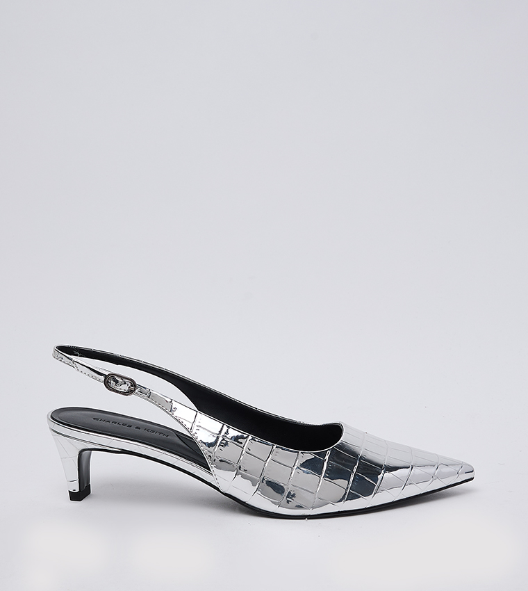Croc Textured Pointed Toe Kitten Heel Slingback Pumps