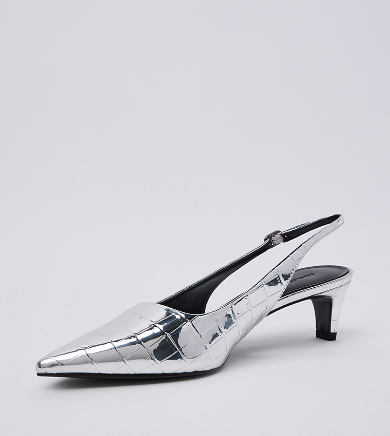 Croc Textured Pointed Toe Kitten Heel Slingback Pumps