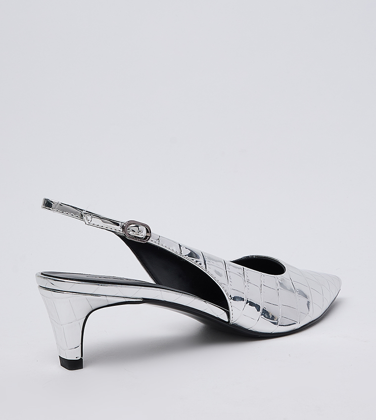 Croc Textured Pointed Toe Kitten Heel Slingback Pumps