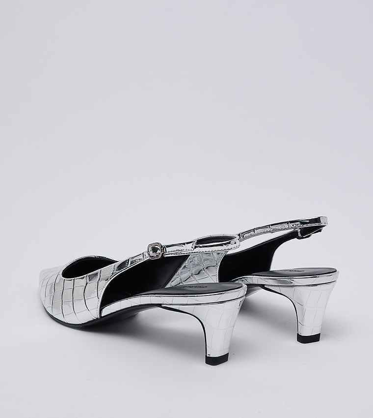 Croc Textured Pointed Toe Kitten Heel Slingback Pumps