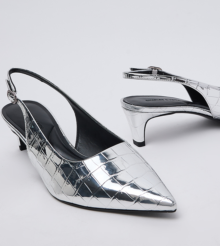 Croc Textured Pointed Toe Kitten Heel Slingback Pumps