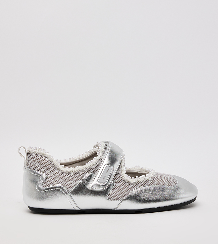 Metallic Mesh Pearl Embellished Mary Jane Sneakers