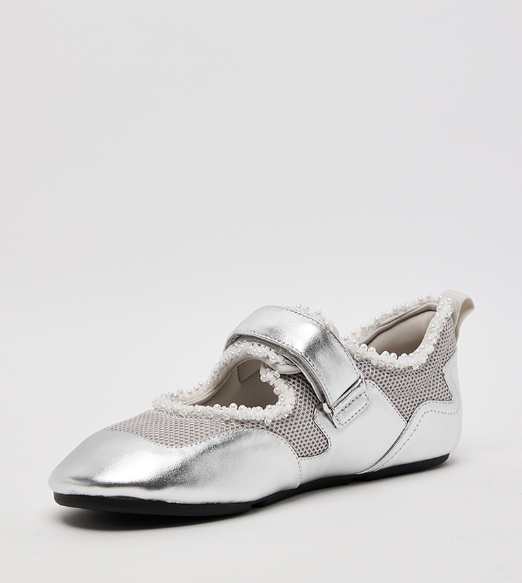Metallic Mesh Pearl Embellished Mary Jane Sneakers