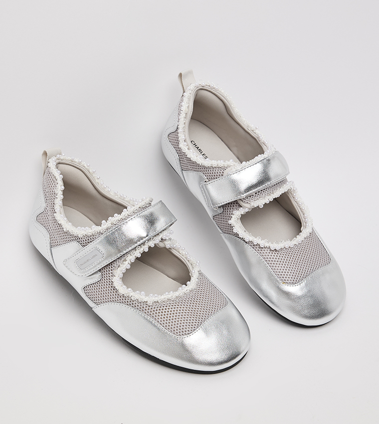 Metallic Mesh Pearl Embellished Mary Jane Sneakers
